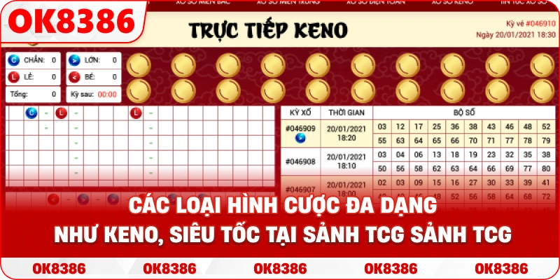 Hình ảnh minh họa các loại hình cược đa dạng như Keno, Siêu tốc tại sảnh TCG