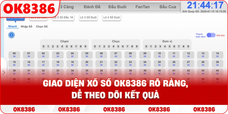 Giao diện xổ số OK8386 rõ ràng, dễ theo dõi kết quả
