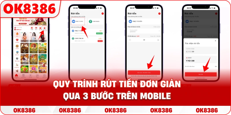 Minh họa quy trình rút tiền đơn giản qua 3 bước trên mobile